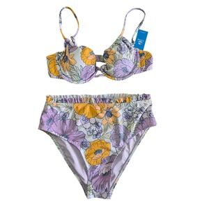 Cupshe Floral Bikini Set Purple Yellow High Waisted Underwire Swimsuit Medium